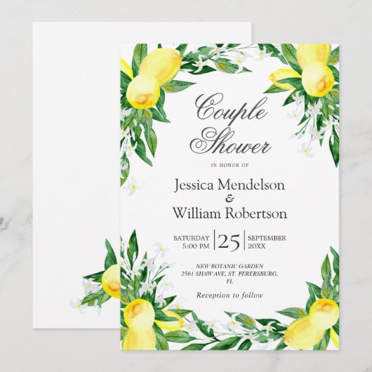 Lemons Greenery Blossom Couple Dusche Einladung (Vorne/Hinten)