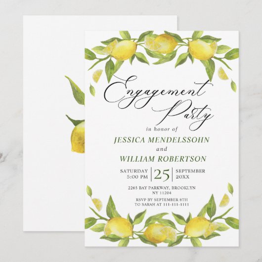 Lemons Greenery Blossom Engagement Party Einladung (Vorne/Hinten)
