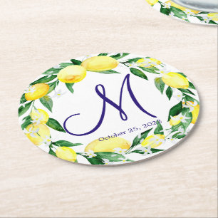 Lemons Greenery Blossom Monogram Runder Pappuntersetzer