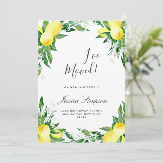 Lemons Greenery Blossom Moving Announcement Cards Ankündigung (Stehend Vorderseite)