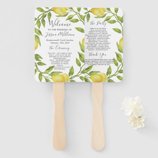 Lemons Greenery Blossom Wedding Program Fächer (Vorne und Hinten)