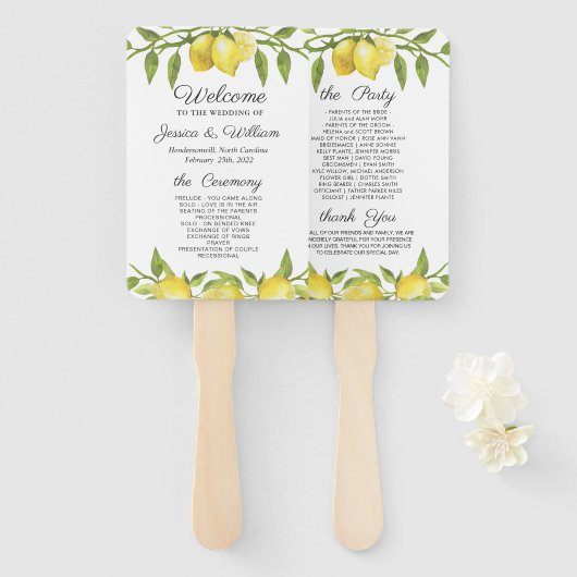 Lemons Greenery Blossom Wedding Program Fächer (Vorne und Hinten)