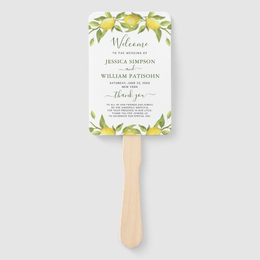 Lemons Greenery Blossom Wedding Program Hand Fan Fächer (Vorderseite)