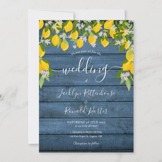 Lemons Greenery Blue Rustic Wood Wedding Einladung (Vorderseite)