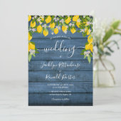 Lemons Greenery Blue Rustic Wood Wedding Einladung (Stehend Vorderseite)