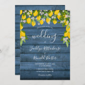Lemons Greenery Blue Rustic Wood Wedding Einladung (Vorne/Hinten)