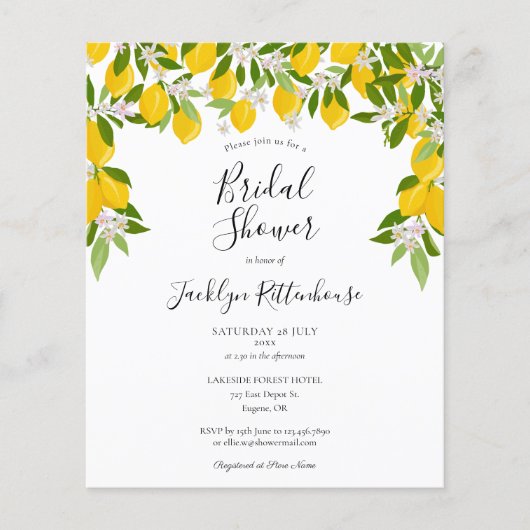 Lemons Greenery Budget Bridal Dusche Einladung (Vorderseite)