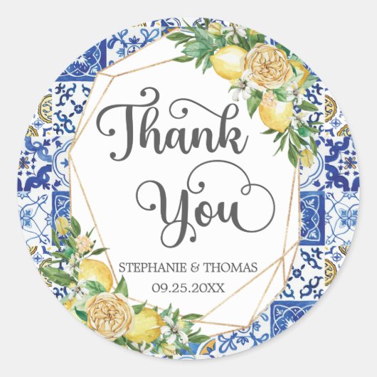 Lemons Greenery Mediteranean Mosaic Tiles Wedding Runder Aufkleber (Vorderseite)