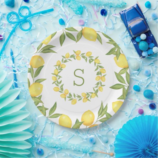 Lemons Greenery Monogram Elegant Pappteller (Party)