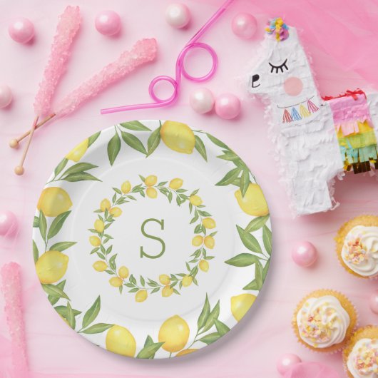 Lemons Greenery Monogram Elegant Pappteller (Party)