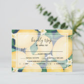Lemons Greenery on Navy Blue RSVP Karte (Stehend Vorderseite)