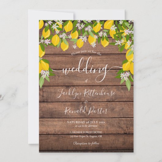 Lemons Greenery Rustic Wood Wedding Einladung (Vorderseite)