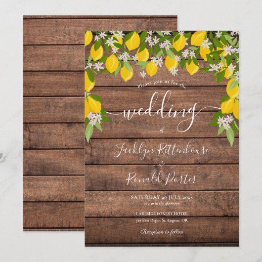 Lemons Greenery Rustic Wood Wedding Einladung (Vorne/Hinten)