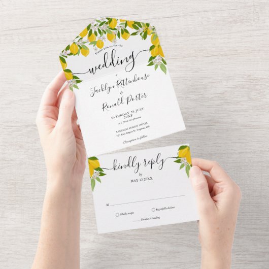 Lemons Greenery Script Monogram Wedding All In One Einladung (Abreißen)