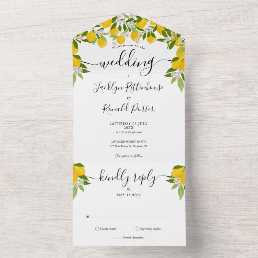 Lemons Greenery Script Monogram Wedding All In One Einladung (Innen Boden)