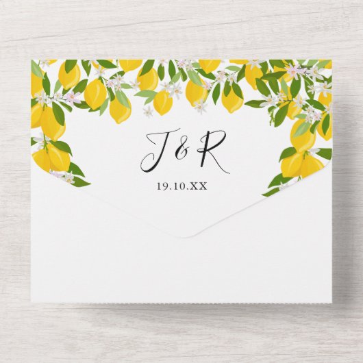 Lemons Greenery Script Monogram Wedding All In One Einladung (Rückseite)