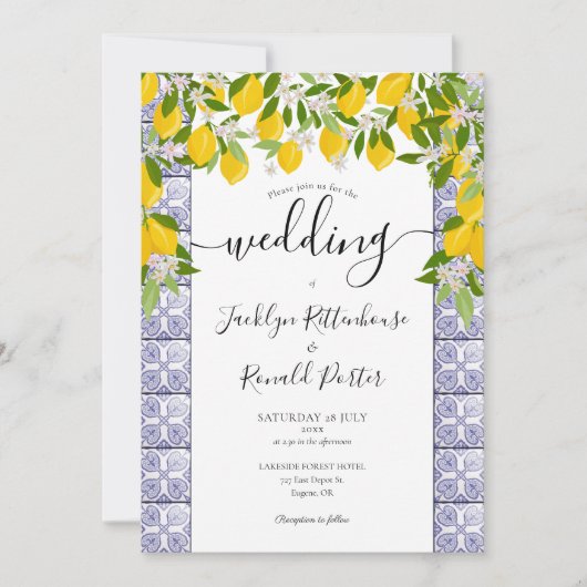Lemons Greenery Tiles Script Wedding Einladung (Vorderseite)