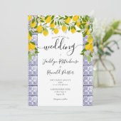Lemons Greenery Tiles Script Wedding Einladung (Stehend Vorderseite)
