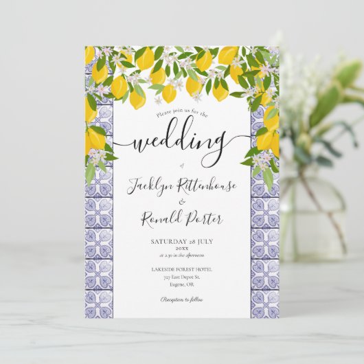 Lemons Greenery Tiles Script Wedding Einladung (Stehend Vorderseite)