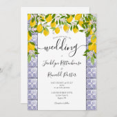 Lemons Greenery Tiles Script Wedding Einladung (Vorne/Hinten)