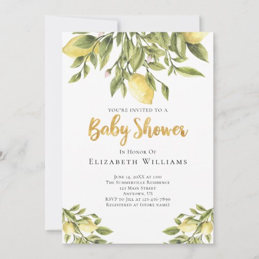 Lemons Greenery Watercolor Babydusche Einladung (Vorderseite)