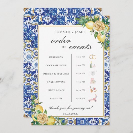 Lemons Greenery Wedding Order of Event Timeline Programm (Vorne/Hinten)