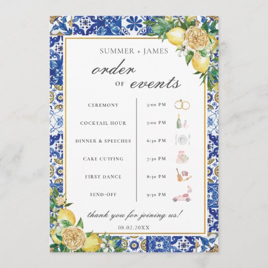 Lemons Greenery Wedding Order of Event Timeline Programm (Vorderseite)