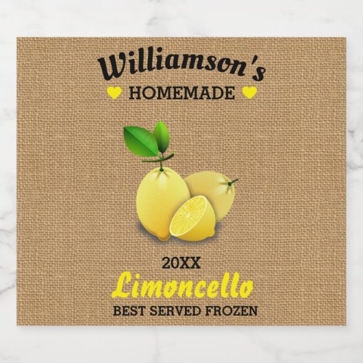 Lemons Homemade Limoncello Rustic Burlap Alkoholflaschenetikett (Einzelnes Label)