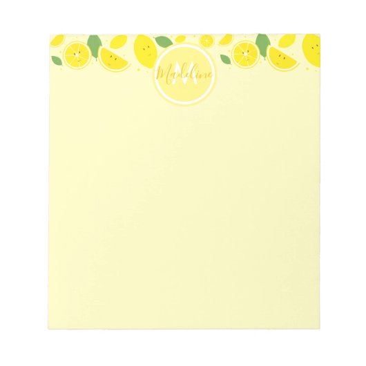 Lemons Leaf Muster Monogram Name Yellow Notizblock (Vorderseite)