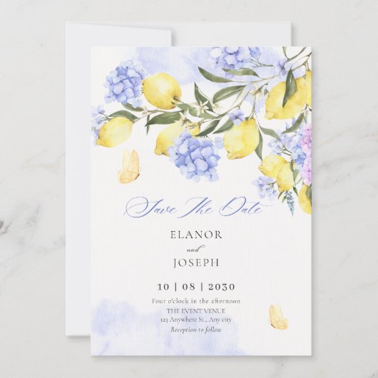Lemons lila Blumenhochzeit Save The Date (Vorderseite)