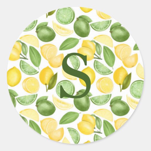 Lemons Limes Muster Wasserfarben Monogramm Einfach Runder Aufkleber (Vorderseite)