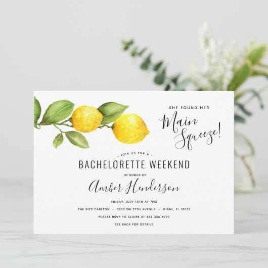 Lemons Main Squeeze Bachelorette Einladung (Stehend Vorderseite)