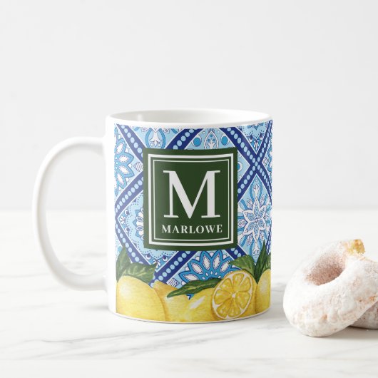 Lemons Mediterranean Blue Tiles Monogram Kaffeetasse (Mit Donut)