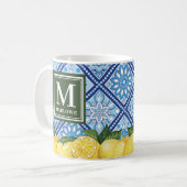 Lemons Mediterranean Blue Tiles Monogram Kaffeetasse (Vorderseite Links)
