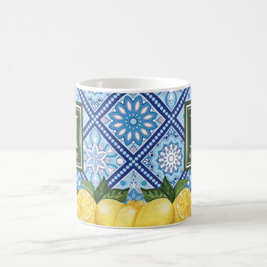 Lemons Mediterranean Blue Tiles Monogram Kaffeetasse (Mittel)