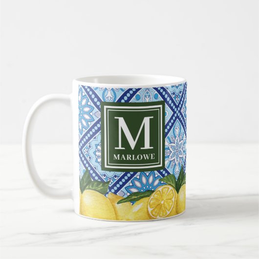 Lemons Mediterranean Blue Tiles Monogram Kaffeetasse (Links)