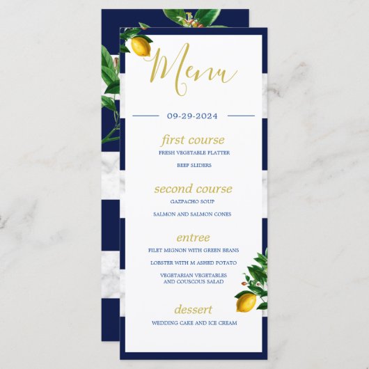 Lemons Navy White Marmor Summer Monogram Menükarte (Vorne/Hinten)