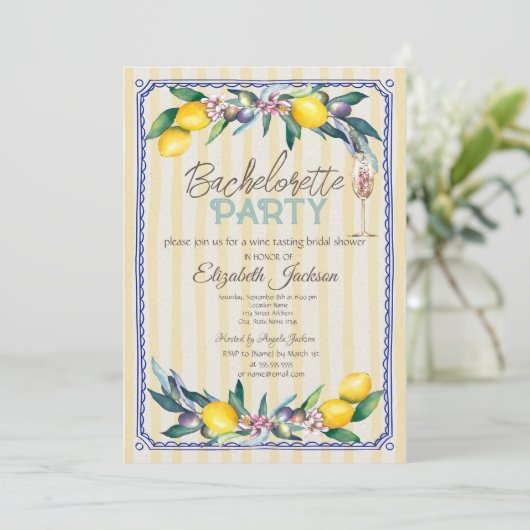 Lemons Olive Glass Yellow Stripes Bachelorette Einladung (Stehend Vorderseite)