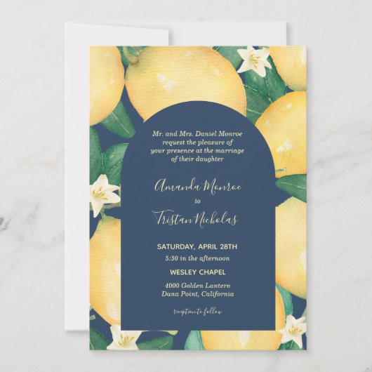 Lemons on Navy Wedding All in One Invites (Vorderseite)