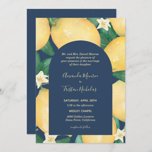Lemons on Navy Wedding All in One Invites (Vorne/Hinten)