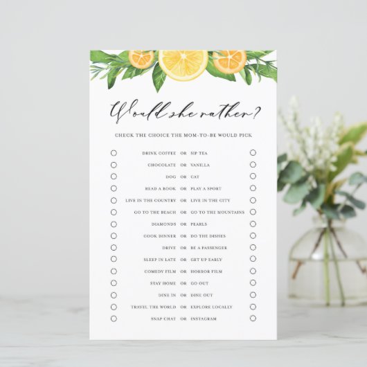 Lemons Orange WOuld She Rather Baby Shower Game (Stehend Vorderseite)