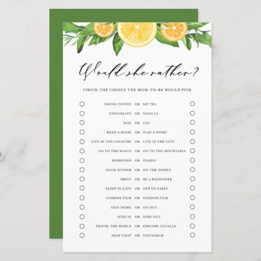 Lemons Orange WOuld She Rather Baby Shower Game (Vorne/Hinten)