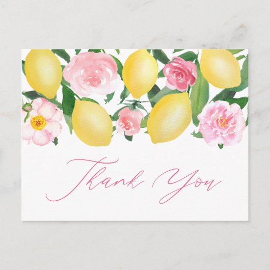Lemons Pink Floral Calligraphy Vielen Dank Postkarte (Vorderseite)