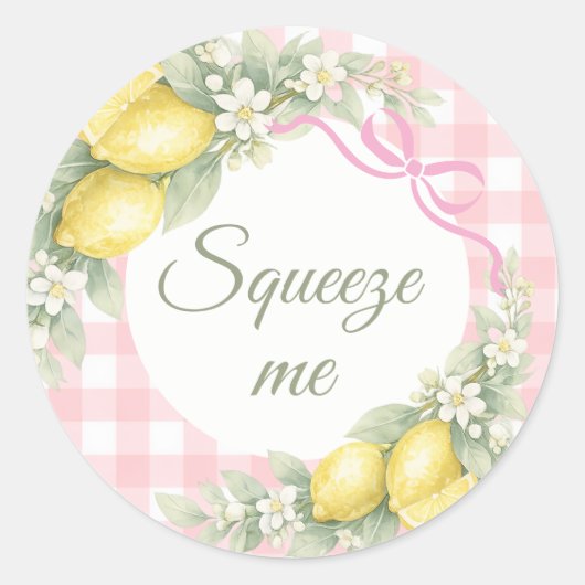 Lemons pink gingham squeeze me party favor runder aufkleber (Vorderseite)