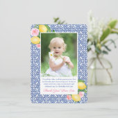 Lemons Pink Positano Blue Tiles Baby Dusche Foto Dankeskarte (Stehend Vorderseite)