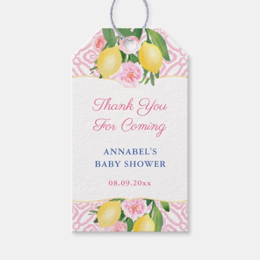 Lemons Pink Tile Girl Baby Dusche Gastgeschenk Geschenkanhänger (Vorderseite)