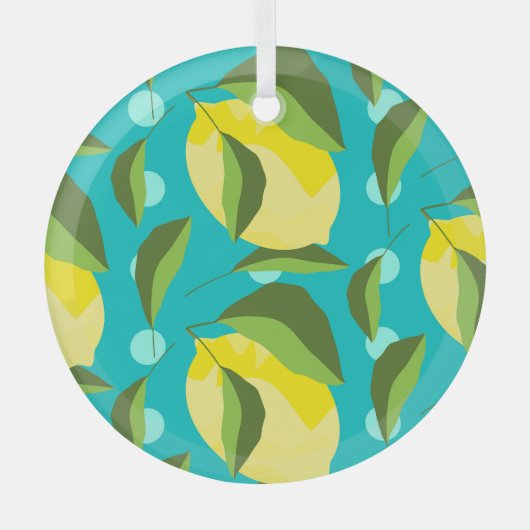 Lemons Polka Dot: Blue Background. Ornament Aus Glas (Vorderseite)