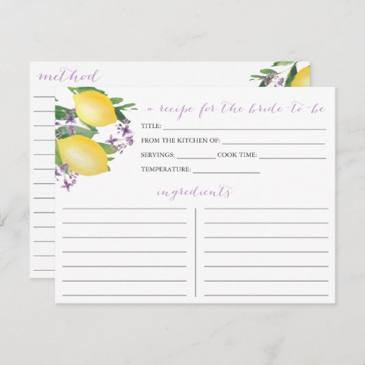 Lemons Purple Flowers Brautparty Rezept Card Einladung (Vorne/Hinten)