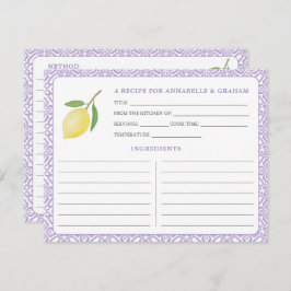 Lemons Purple Text Bridal Shower Recipe Card Einladung