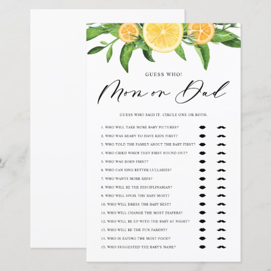 Lemons raten, wer Mama oder Vater Baby Showspiel (Vorne/Hinten)